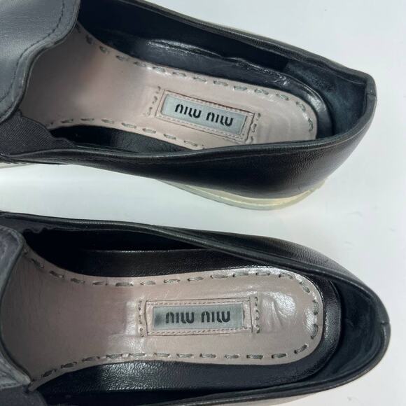 Miu Miu Loafers Women's 38.5 Black Leather Silver Toe Cap Slip On Luxury Shoes - Picture 15 of 16
